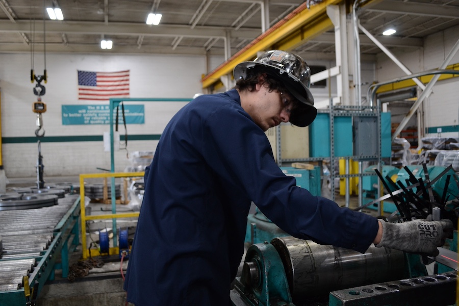 Cold reduction mill rolling strip steel at H and H Metal Source in Grand Rapids, Michigan